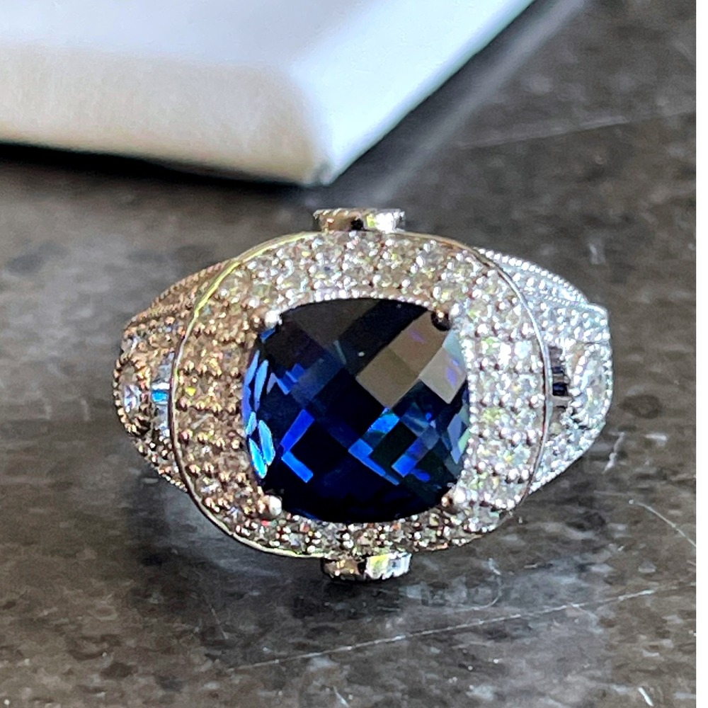 Sterling Silver Cushion-Cut Blue Simulated Sapphire &CZ Halo Statement Ring SZ10 - Picture 7 of 10